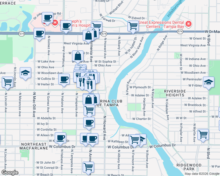 map of restaurants, bars, coffee shops, grocery stores, and more near 4015 North River View Avenue in Tampa