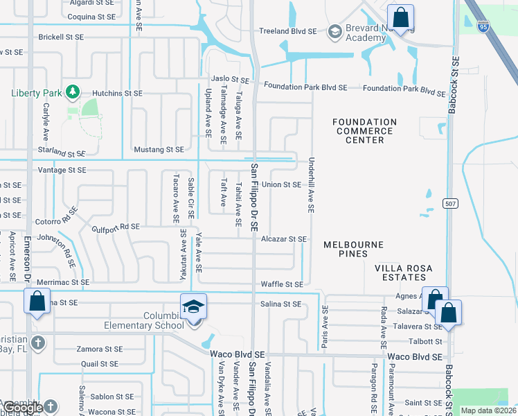 map of restaurants, bars, coffee shops, grocery stores, and more near 958 Ulster Avenue Southeast in Palm Bay