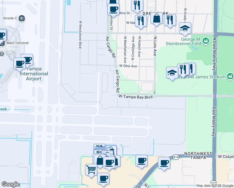 map of restaurants, bars, coffee shops, grocery stores, and more near 4000 Air Cargo Road in Tampa