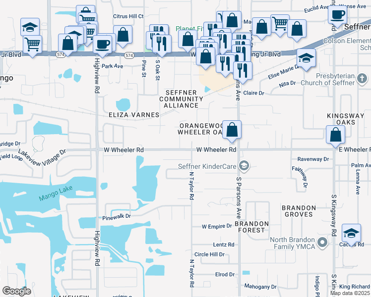map of restaurants, bars, coffee shops, grocery stores, and more near 2105 Aztec Palms Place in Brandon