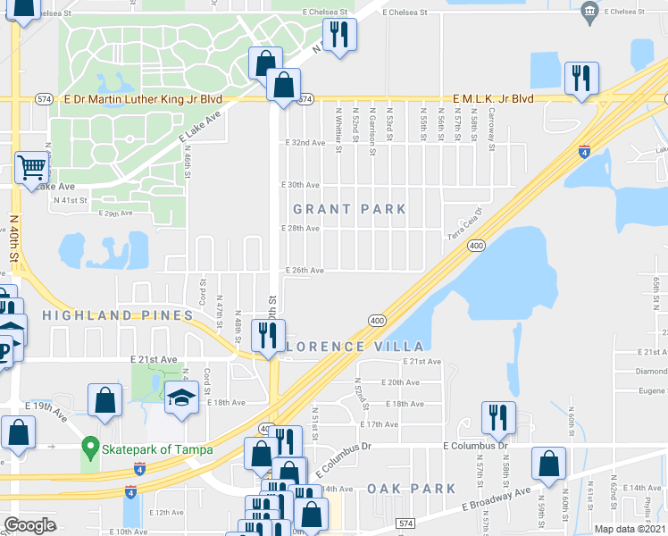 map of restaurants, bars, coffee shops, grocery stores, and more near 3412 Phillips Street in Tampa