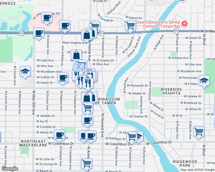 map of restaurants, bars, coffee shops, grocery stores, and more near 4015 North River View Avenue in Tampa