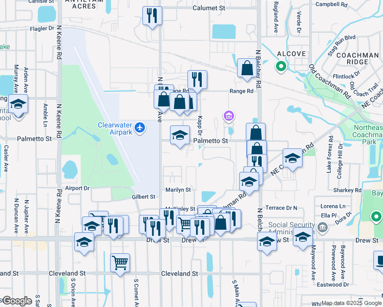 map of restaurants, bars, coffee shops, grocery stores, and more near 2060 Palmetto Street in Clearwater