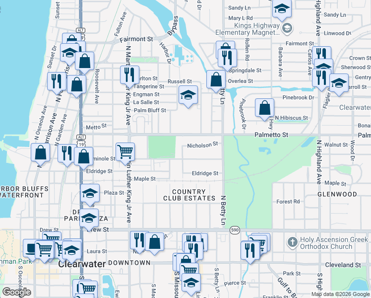 map of restaurants, bars, coffee shops, grocery stores, and more near 1215 Nichalson Street in Clearwater