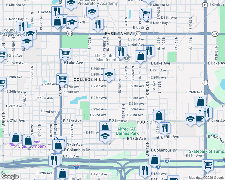 map of restaurants, bars, coffee shops, grocery stores, and more near 2908 East 26th Avenue in Tampa