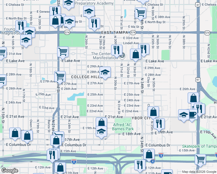 map of restaurants, bars, coffee shops, grocery stores, and more near 3411 North 29th Street in Tampa