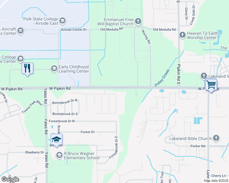 map of restaurants, bars, coffee shops, grocery stores, and more near 2829 Forestgreen Drive East in Lakeland