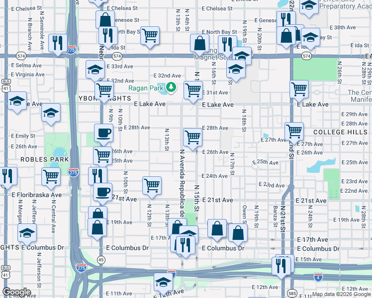 map of restaurants, bars, coffee shops, grocery stores, and more near 3406 North Avenida Republica de Cuba in Tampa