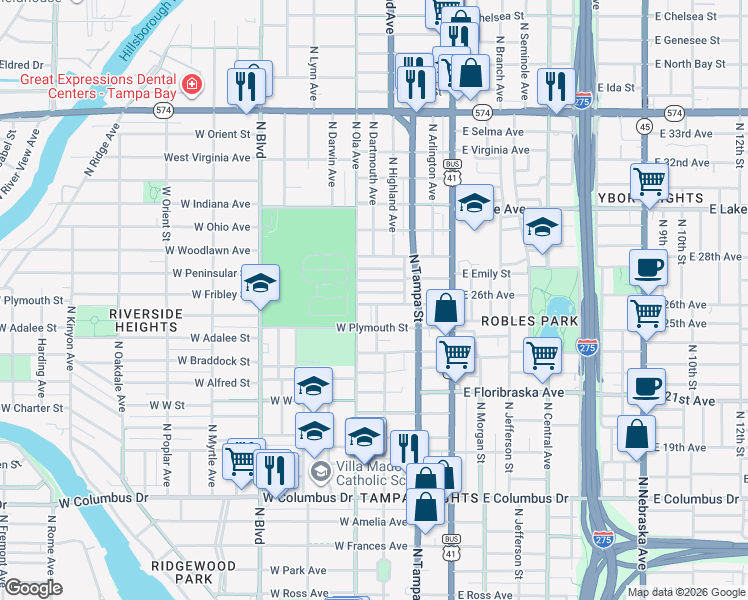 map of restaurants, bars, coffee shops, grocery stores, and more near 203 West 26th Avenue in Tampa