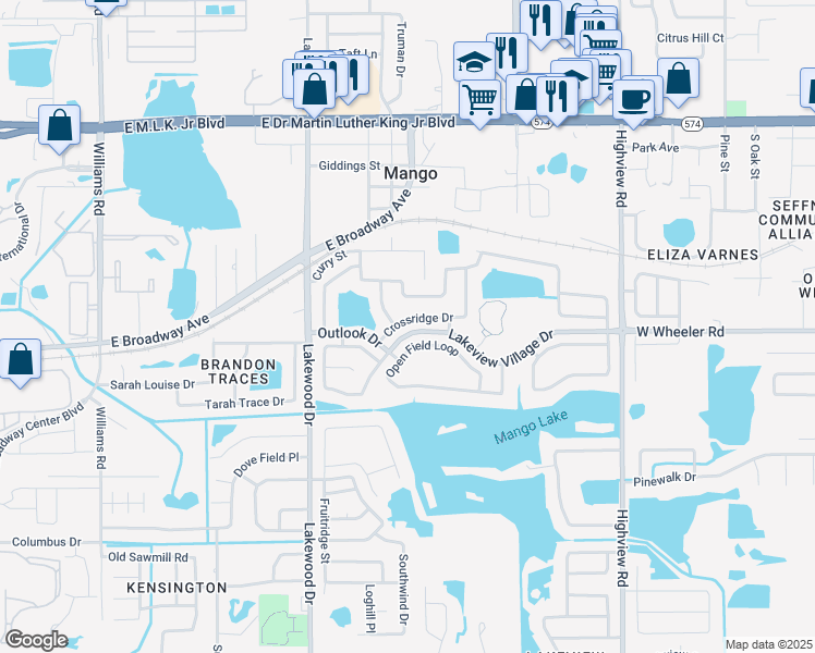 map of restaurants, bars, coffee shops, grocery stores, and more near 1626 Crossridge Drive in Brandon