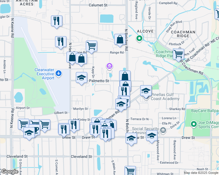 map of restaurants, bars, coffee shops, grocery stores, and more near 2082 Carriage Lane in Clearwater