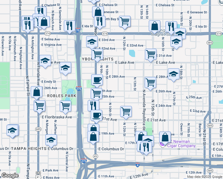 map of restaurants, bars, coffee shops, grocery stores, and more near 3411 North 10th Street in Tampa