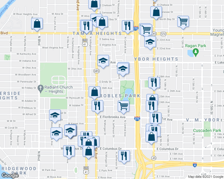 map of restaurants, bars, coffee shops, grocery stores, and more near 3406 North Avon Avenue in Tampa