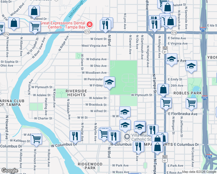 map of restaurants, bars, coffee shops, grocery stores, and more near 710 West Peninsular Street in Tampa