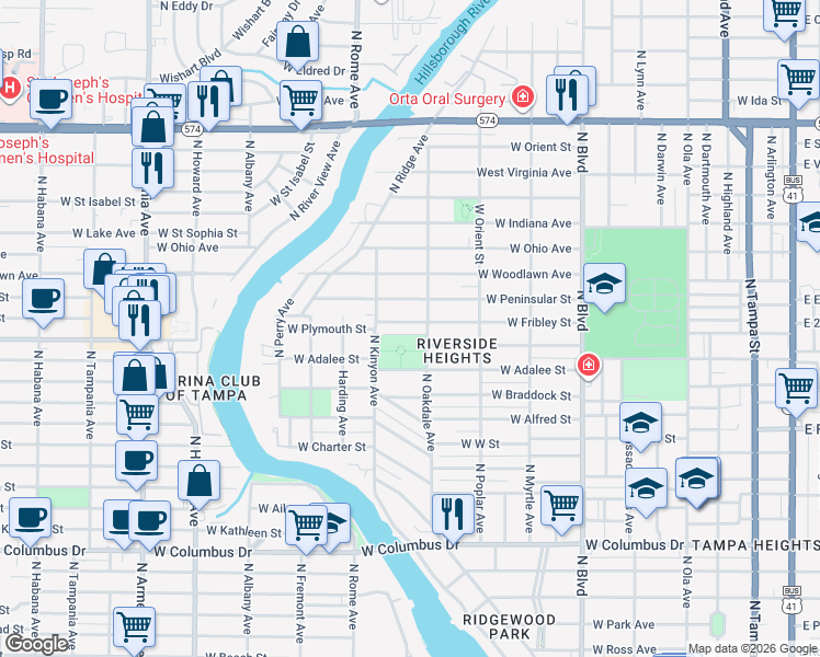 map of restaurants, bars, coffee shops, grocery stores, and more near 1007 West Fribley Street in Tampa