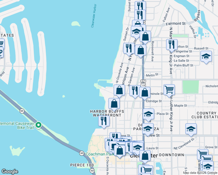 map of restaurants, bars, coffee shops, grocery stores, and more near 301 Cedar Street in Clearwater