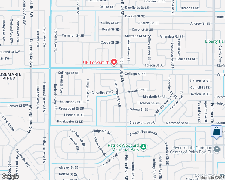 map of restaurants, bars, coffee shops, grocery stores, and more near 974 Commerce Road Southeast in Palm Bay