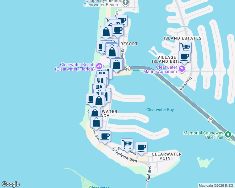 map of restaurants, bars, coffee shops, grocery stores, and more near 116 Devon Drive in Clearwater
