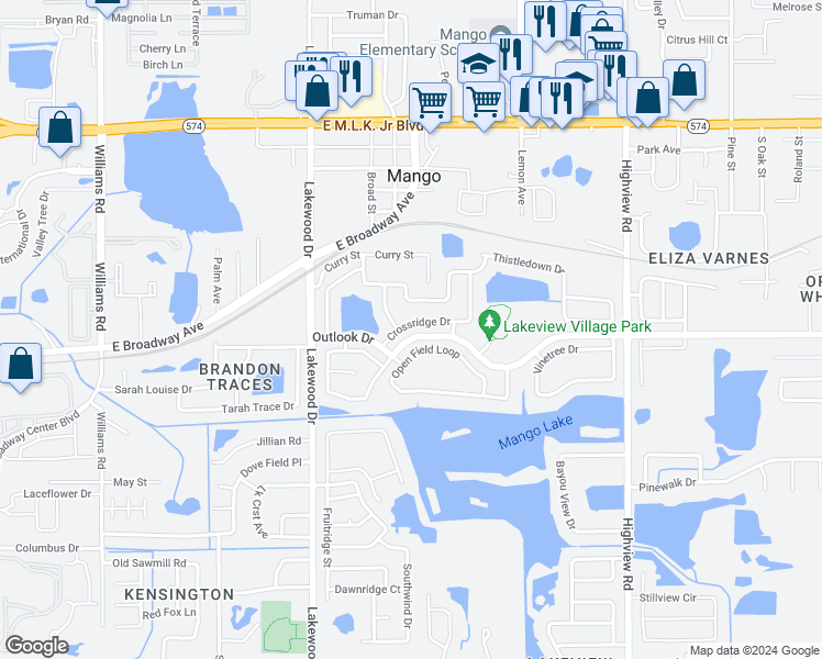 map of restaurants, bars, coffee shops, grocery stores, and more near 1625 Crossridge Drive in Brandon
