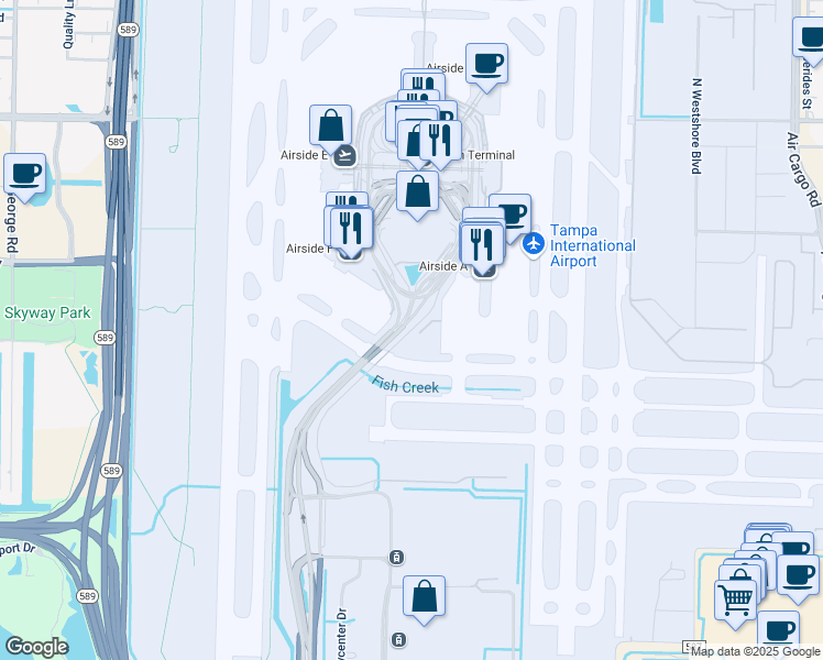 map of restaurants, bars, coffee shops, grocery stores, and more near Airport Access Road in Tampa