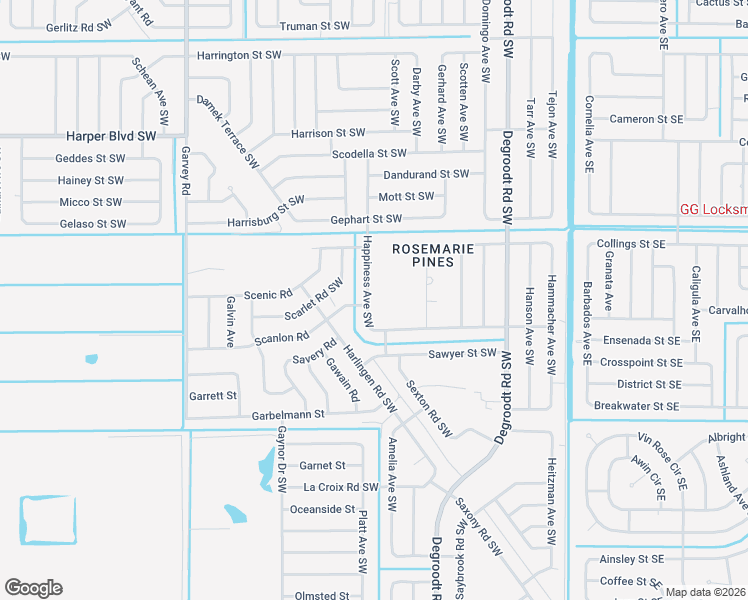 map of restaurants, bars, coffee shops, grocery stores, and more near 981 Happiness Avenue Southwest in Palm Bay