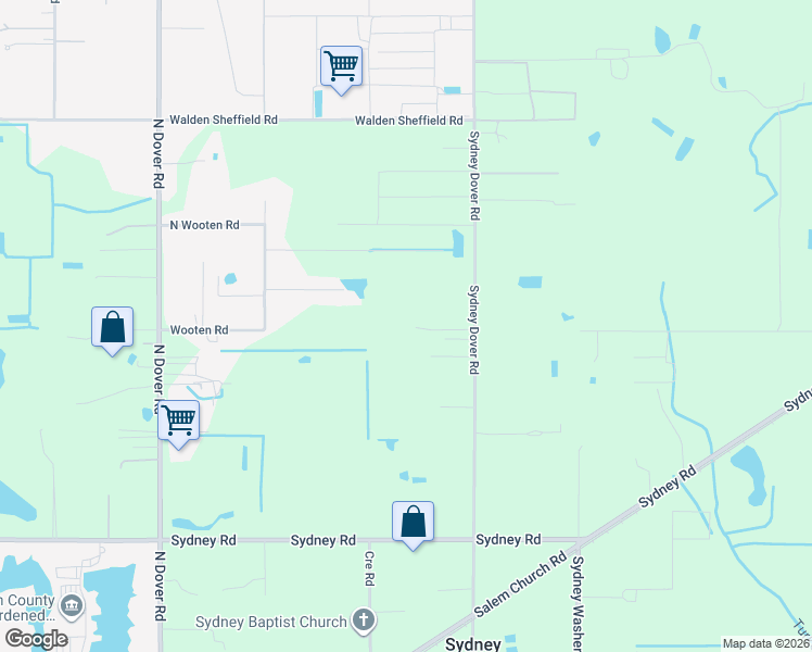 map of restaurants, bars, coffee shops, grocery stores, and more near 2102 Sydney Dover Road in Dover