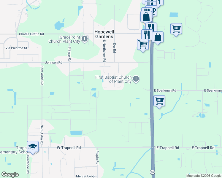map of restaurants, bars, coffee shops, grocery stores, and more near 3253 South Northview Road in Plant City