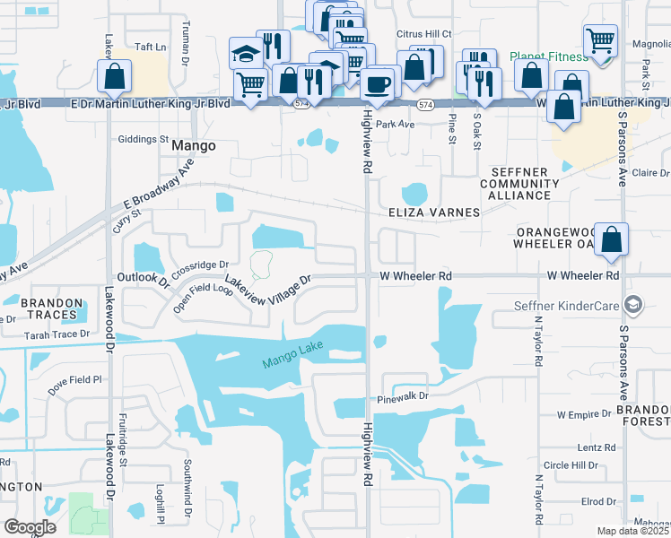 map of restaurants, bars, coffee shops, grocery stores, and more near 1402 Thistledown Drive in Brandon