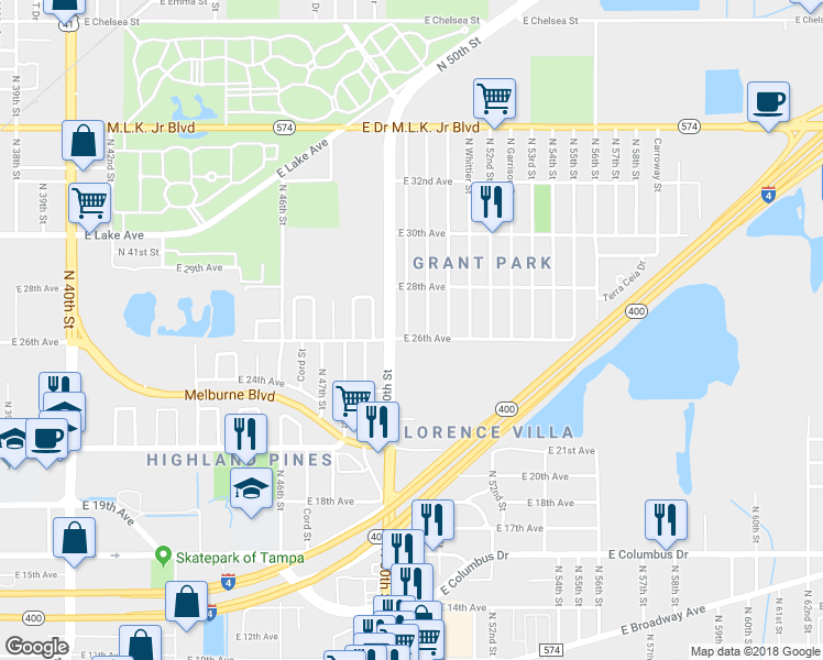 map of restaurants, bars, coffee shops, grocery stores, and more near 3412 Temple Street in Tampa