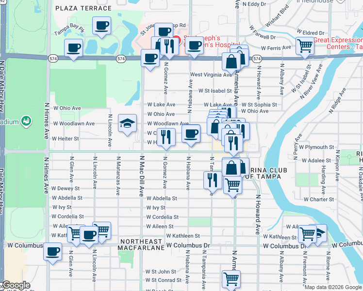 map of restaurants, bars, coffee shops, grocery stores, and more near 2907 West Heiter Street in Tampa