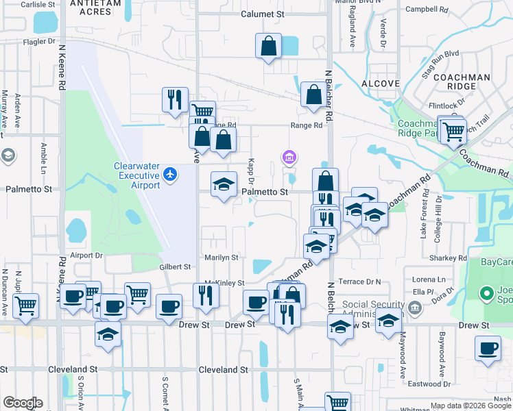 map of restaurants, bars, coffee shops, grocery stores, and more near 2056 Carriage Lane in Clearwater