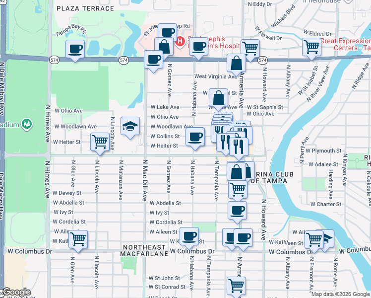 map of restaurants, bars, coffee shops, grocery stores, and more near 2907 West Heiter Street in Tampa