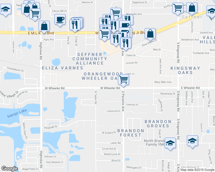 map of restaurants, bars, coffee shops, grocery stores, and more near 2101 Ramblewood Lane in Brandon