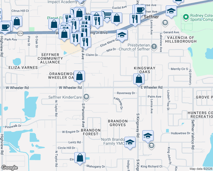 map of restaurants, bars, coffee shops, grocery stores, and more near 2308 Eleuthera Place in Seffner