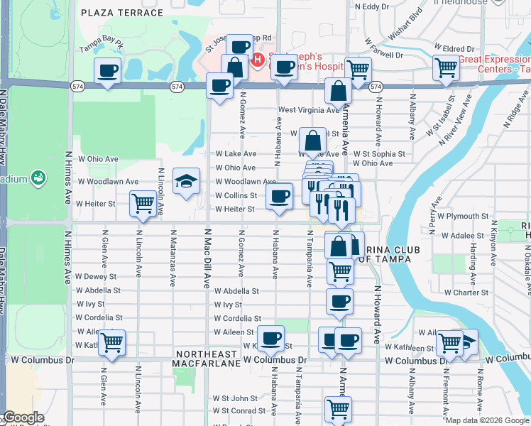 map of restaurants, bars, coffee shops, grocery stores, and more near 2908 West Heiter Street in Tampa