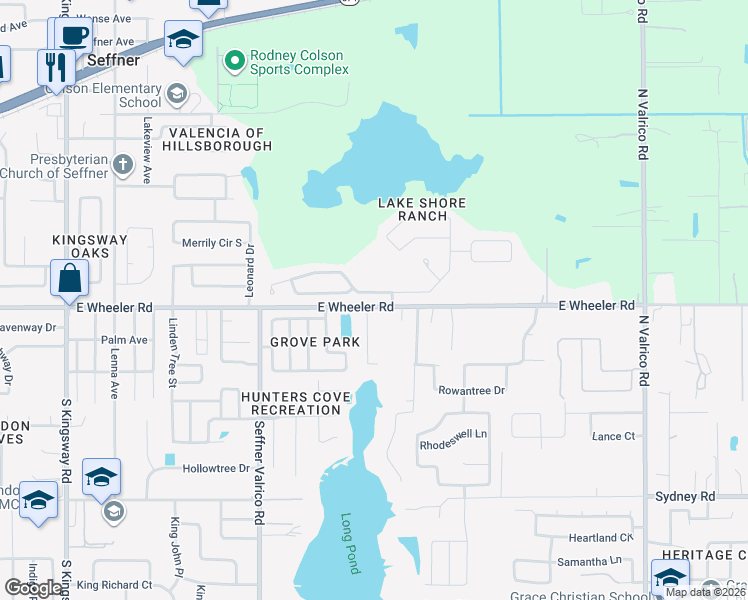 map of restaurants, bars, coffee shops, grocery stores, and more near 1112 Lake Shore Ranch Drive in Seffner