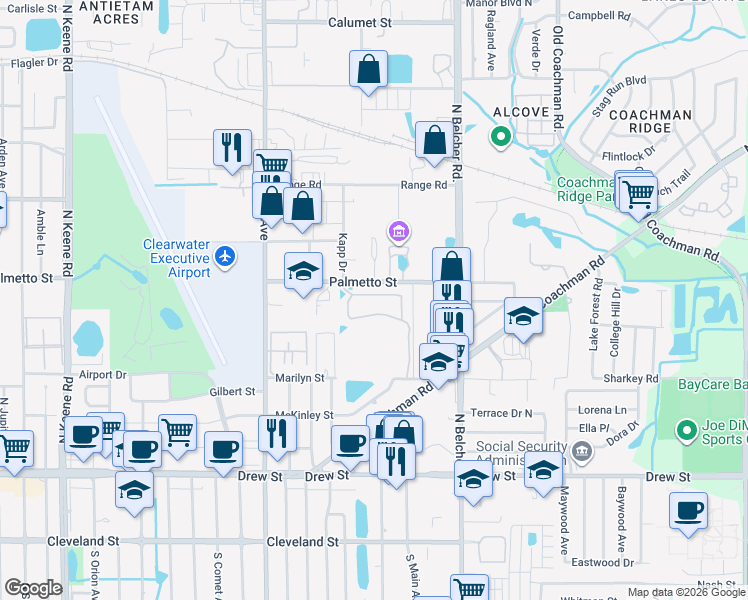 map of restaurants, bars, coffee shops, grocery stores, and more near 2061 Carriage Lane in Clearwater