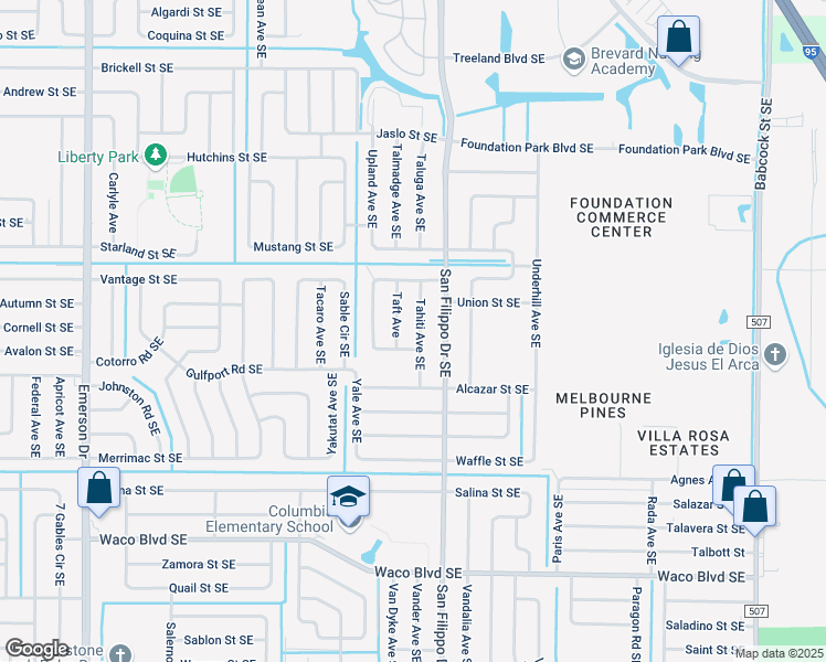 map of restaurants, bars, coffee shops, grocery stores, and more near 951 Tahiti Avenue Southeast in Palm Bay