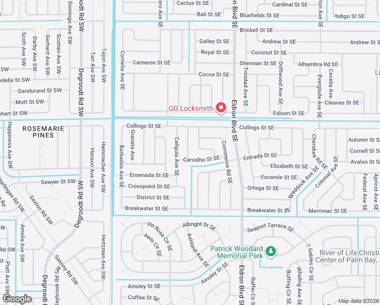 map of restaurants, bars, coffee shops, grocery stores, and more near 981 Ithaca Avenue Southeast in Palm Bay