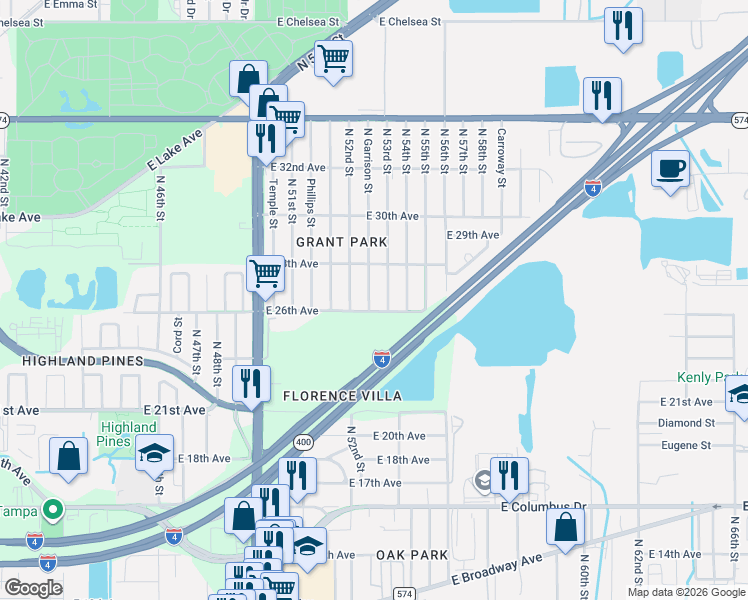 map of restaurants, bars, coffee shops, grocery stores, and more near 3411 North Garrison Street in Tampa