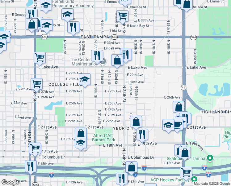 map of restaurants, bars, coffee shops, grocery stores, and more near 3302 East 27th Avenue in Tampa