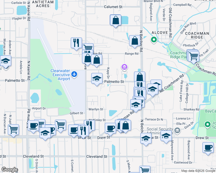 map of restaurants, bars, coffee shops, grocery stores, and more near 2060 Palmetto Street in Clearwater