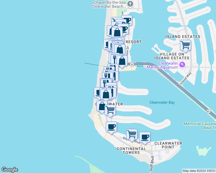 map of restaurants, bars, coffee shops, grocery stores, and more near 100 Coronado Drive in Clearwater