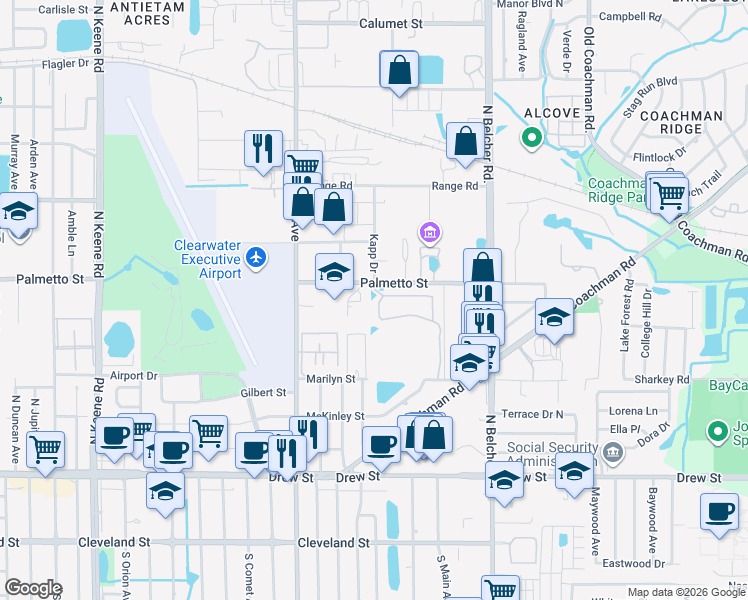 map of restaurants, bars, coffee shops, grocery stores, and more near 2060 Palmetto Street in Clearwater