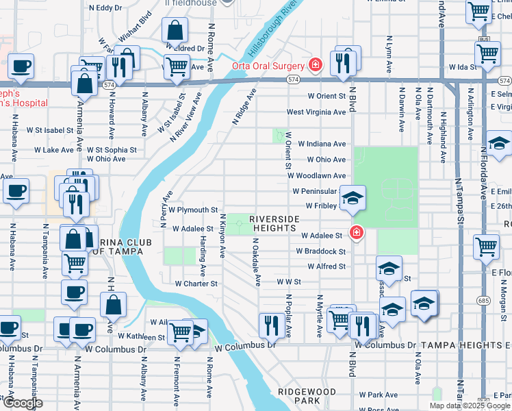 map of restaurants, bars, coffee shops, grocery stores, and more near 3298 North Oakdale Avenue in Tampa