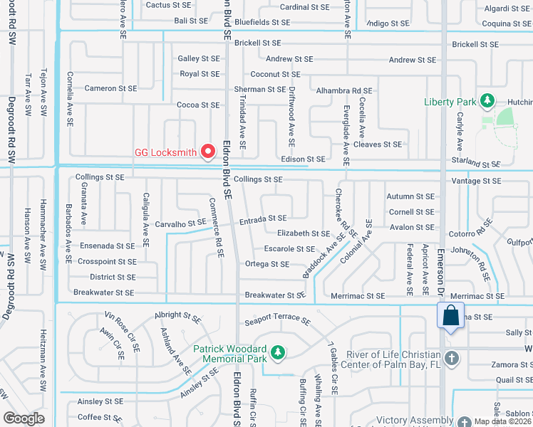 map of restaurants, bars, coffee shops, grocery stores, and more near 980 Carrot Avenue Southeast in Palm Bay