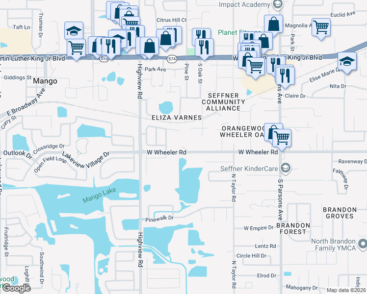 map of restaurants, bars, coffee shops, grocery stores, and more near 1035 West Wheeler Road in Brandon