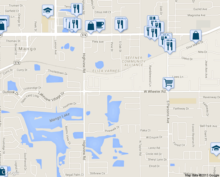 map of restaurants, bars, coffee shops, grocery stores, and more near 1035 West Wheeler Road in Brandon
