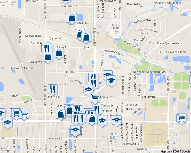 map of restaurants, bars, coffee shops, grocery stores, and more near 911 North Belcher Road in Clearwater