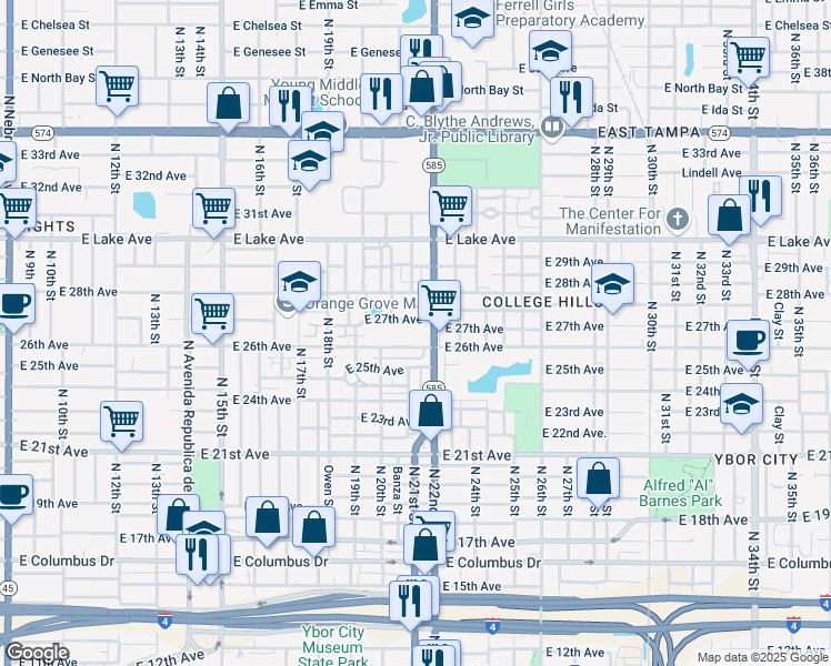 map of restaurants, bars, coffee shops, grocery stores, and more near 3402 North 22nd Street in Tampa